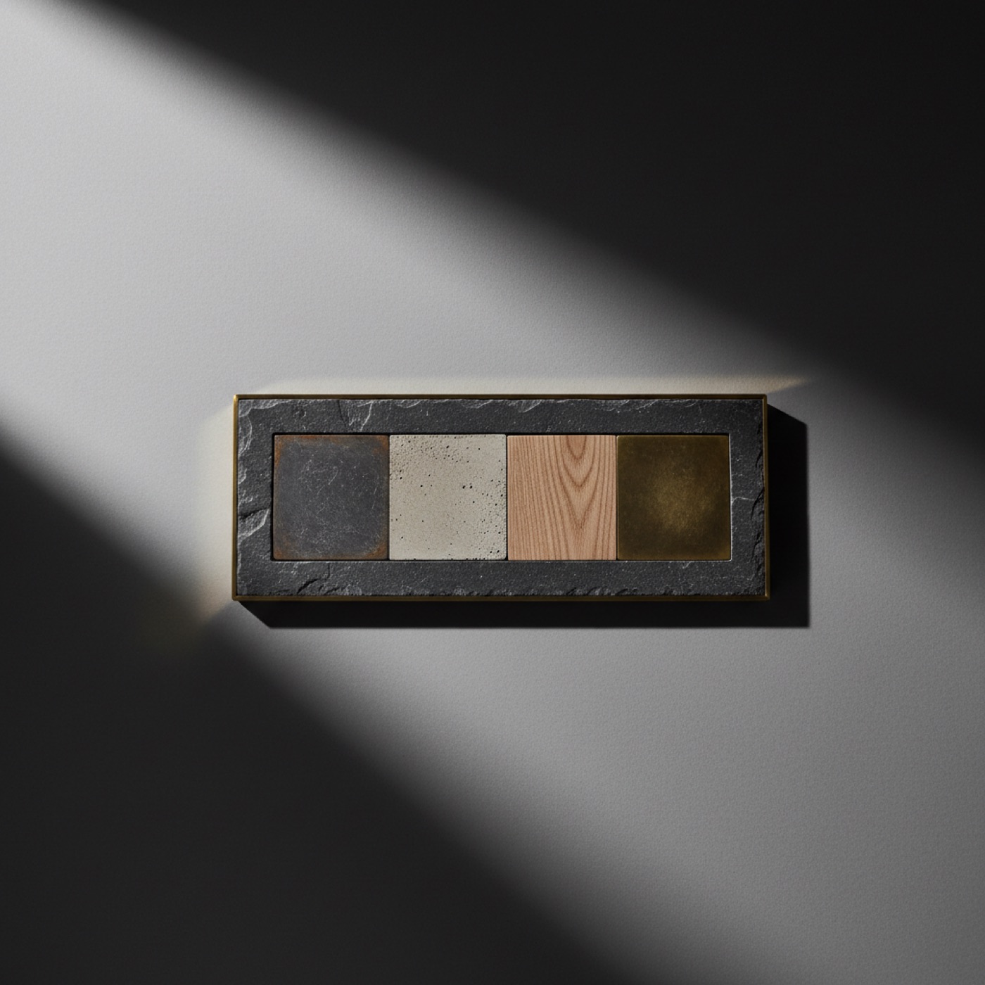 A materials tray of bluestone, concrete, ash and brass under hard directional light